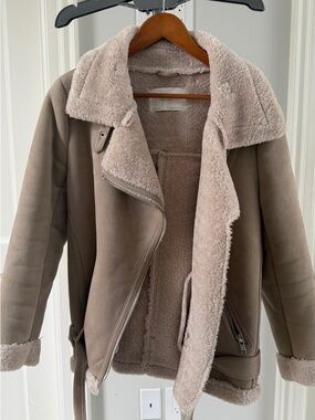 Zara Taupe-Beige Teddy Shearling Moto Jacket